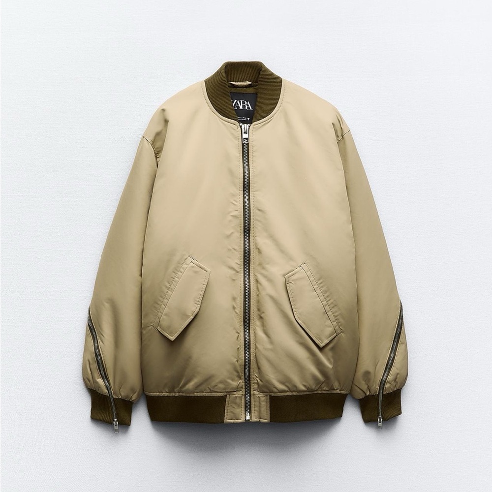 Zara Beige oversized nylon Bomber Jacket with Olive Trim